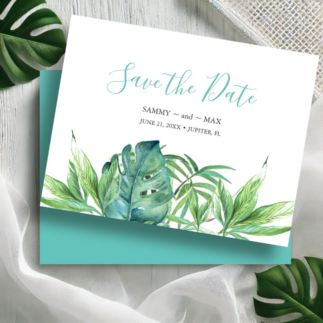 Reserva La Fecha Ahorre la Fecha de Acuarela Tropical No-Foto (Save the dates watercolor tropical leaves destination weddings Victoria Grigaliunas DoTellABelle)