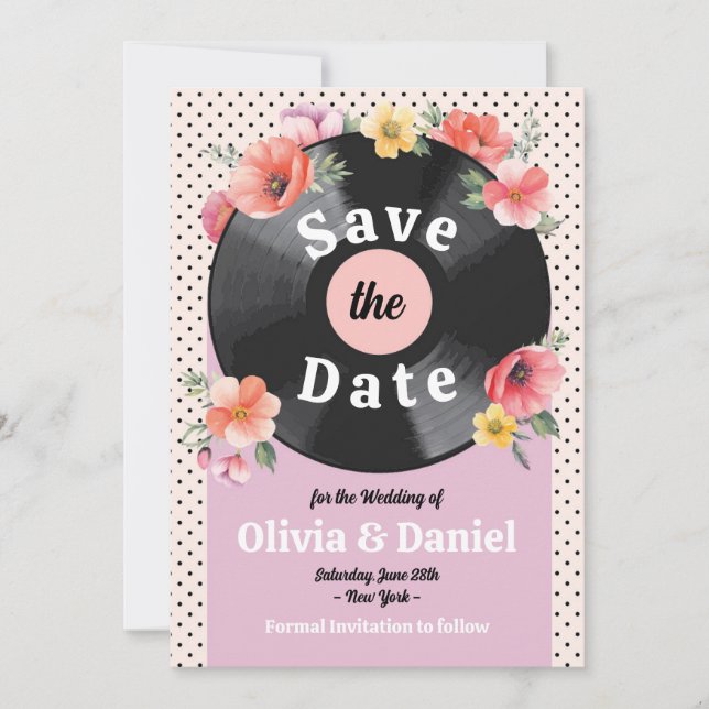 Reserva La Fecha Ahorre La Fecha Música Disco Boda Floral 1950s  (Anverso)