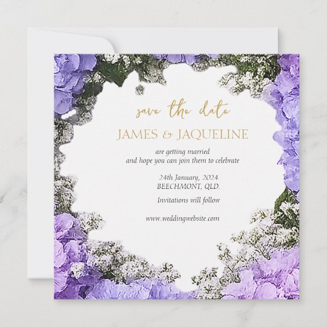 Reserva La Fecha Ahorro de Boda Personalizado Lavanda Hydrangea (Anverso)