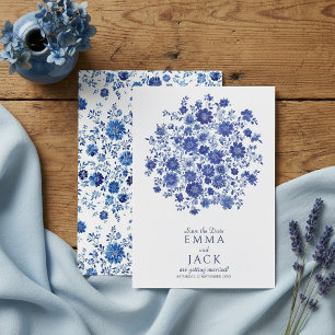 Reserva La Fecha Ahorro de fecha azul Chinoiserie floral acuarela