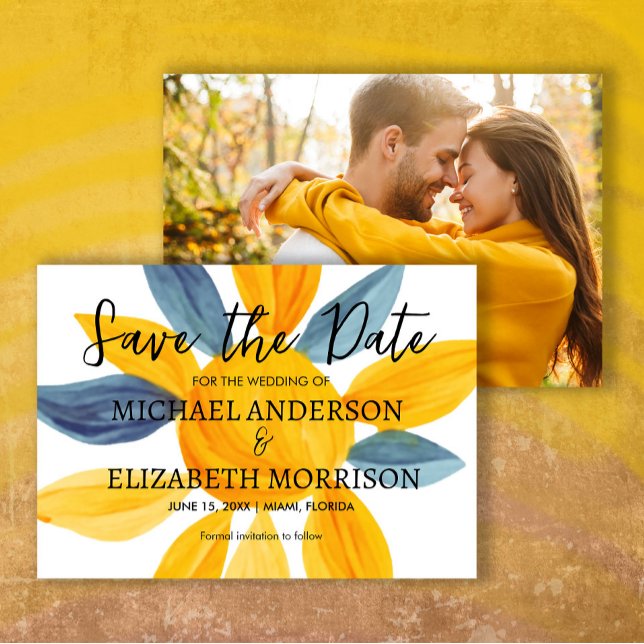 Reserva La Fecha Ahorro de fecha de boda azul amarillo único (Yellow and blue watercolor wedding photo Save the Date)