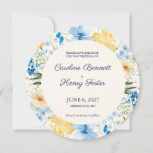 Ahorro de fecha de boda botánica azul y amarillo
