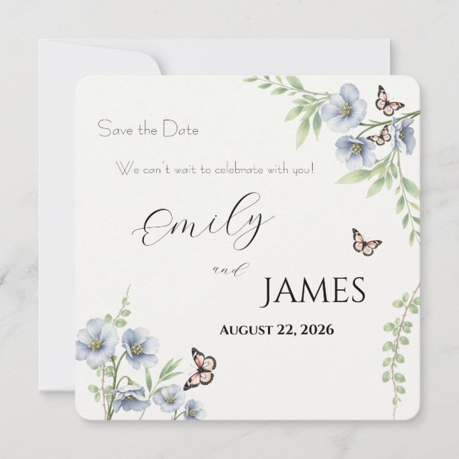 Reserva La Fecha Ahorro de Fecha de Boda Floral Azul (Anverso)