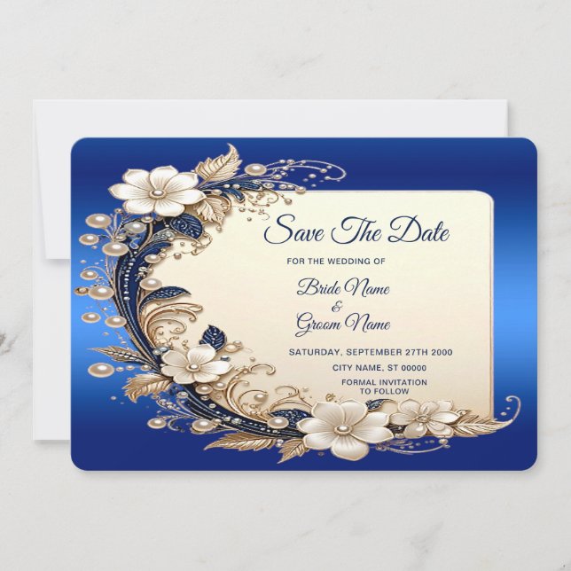 Reserva La Fecha Ahorro de Fecha Embellishment Floral Azul Blanco (Anverso)