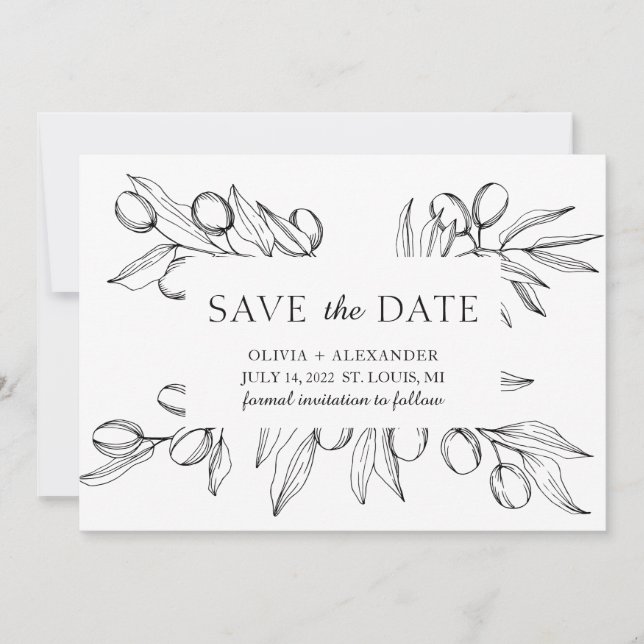 Reserva La Fecha Airy Leaves Olive. Boda de verano botánico (Anverso)