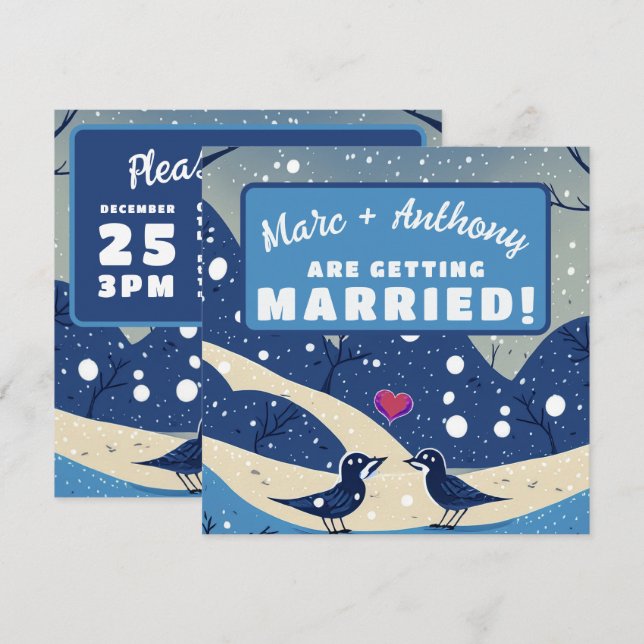 Reserva La Fecha Algo Azul Pájaros de Amor de Invierno Boda (Anverso / Reverso)