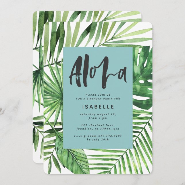 Reserva La Fecha Aloha, hoja tropical de palma y guión, cumpleaños  (Anverso / Reverso)
