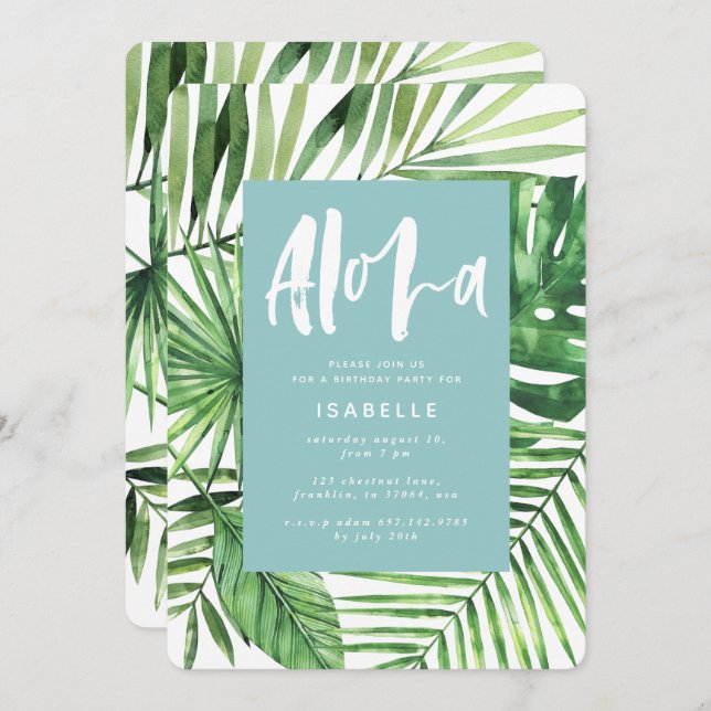 Reserva La Fecha Aloha verde azulada hoja de palma tropical y cumpl (Anverso / Reverso)