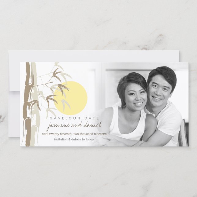 Reserva La Fecha Amanecer Amarillo Oriental Bambú Zen Save The Date (Anverso)
