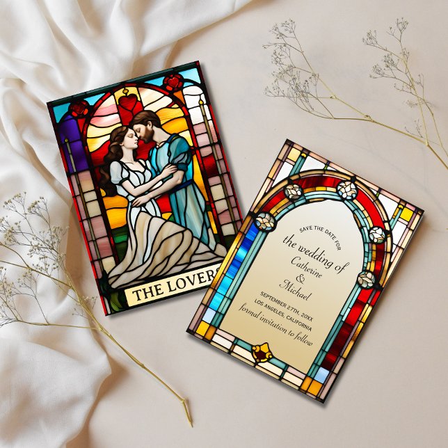Reserva La Fecha Amantes Tarot Estilo Vidrio Manchado Boda Europeo (Subido por el creador)