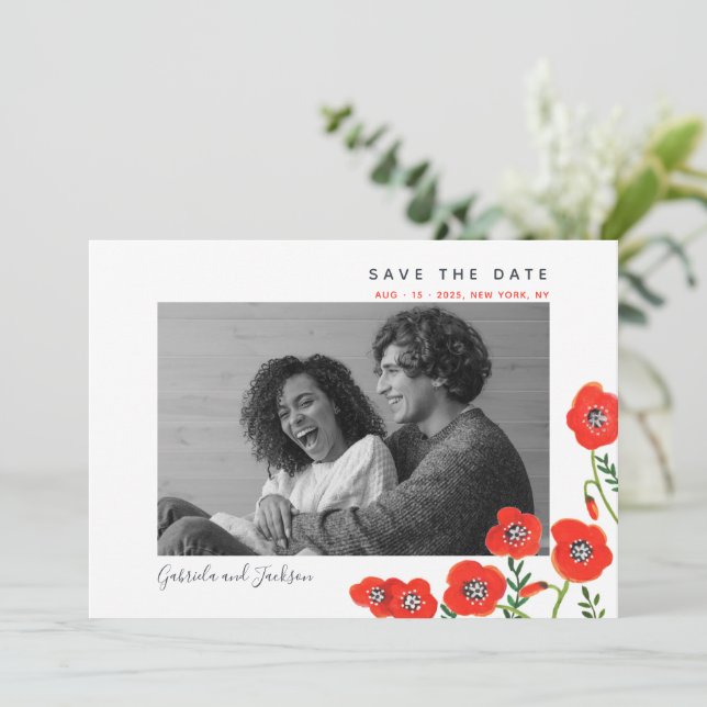 Reserva La Fecha Amapolas rojas, save the date floral moderno para  (Anverso de pie)