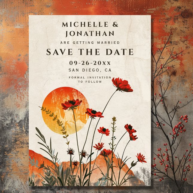 Reserva La Fecha Amaranto Simple Flores Silvestres Bohemio Puestas  (Front - Simple Red Poppies Boho Wildflowers Sunset Wedding Save The Date)