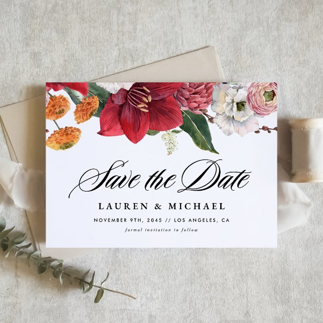 Reserva La Fecha Amarilis roja acuarela y flores otoñales (Announce your special day with this elegant save the date card featuring romantic watercolor florals)
