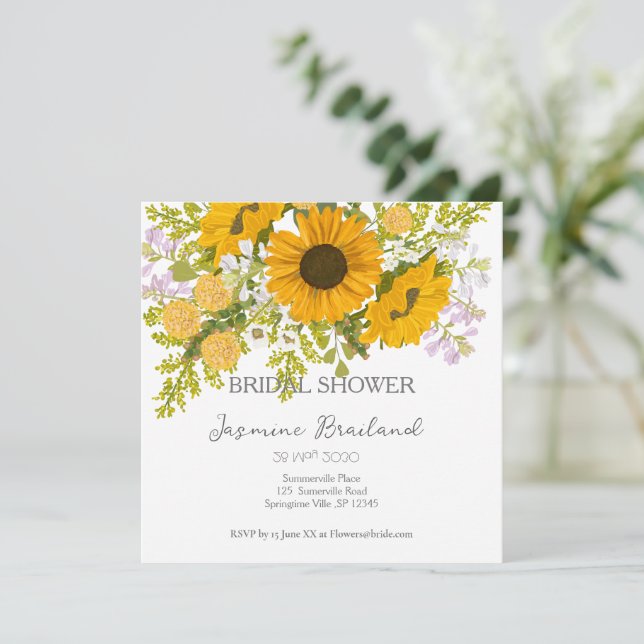 Reserva La Fecha Amarillo de los girasoles modernos Bouquet Bridal  (Anverso de pie)