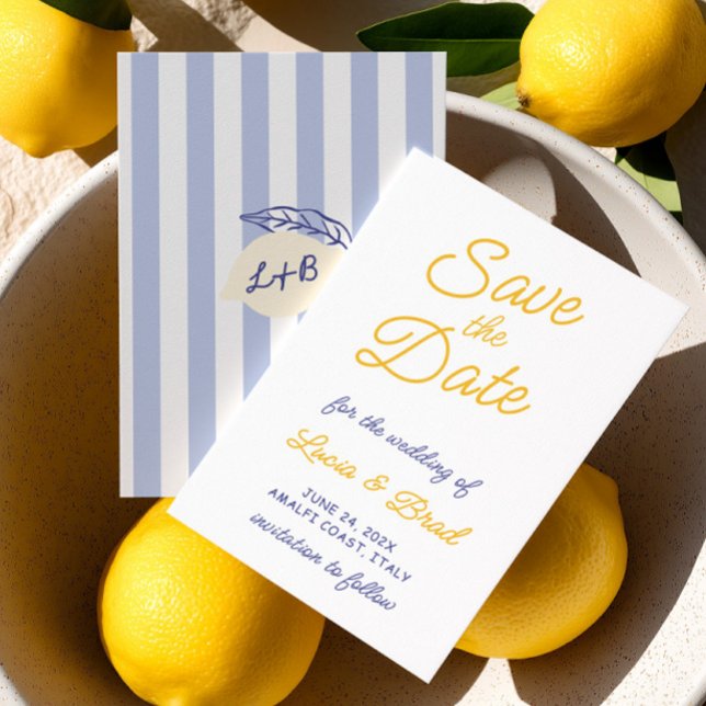 Reserva La Fecha Amarillo Limón Italiano con Rayas Azules (Italian Lemon Yellow & Blue Striped Save The Date)