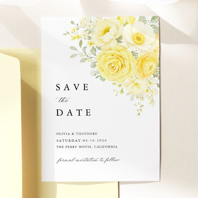 Reserva La Fecha Amarillo Mantequilla Marfil Floral Boda (butter yellow ivory floral save the date, yellow rose save the date card elegant wedding stationery)