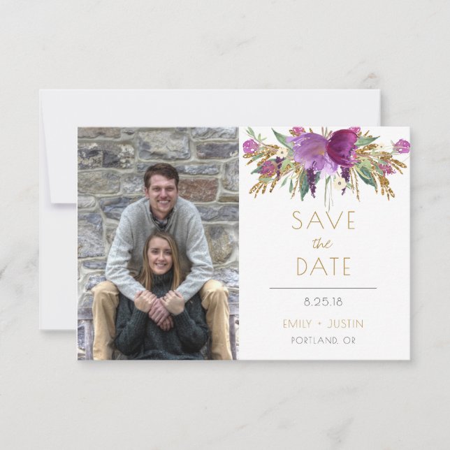 Reserva La Fecha Amethyst Purple Gold Purpurina Photo Save The Date (Anverso)
