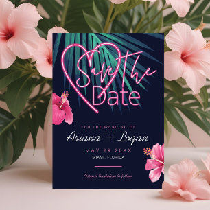 Reserva La Fecha Amor eléctrico Neón Floral rosa y Retro Tropical