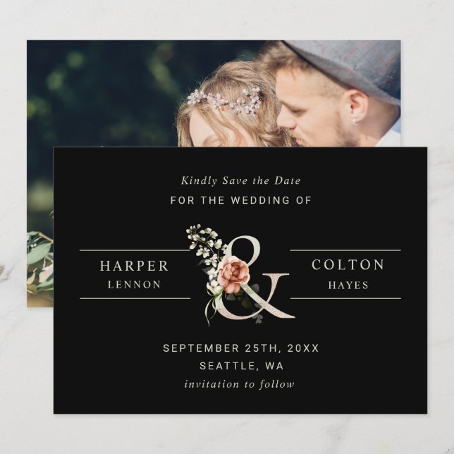 Reserva La Fecha Ampersor floral y elegante boda foto negra (Anverso / Reverso)