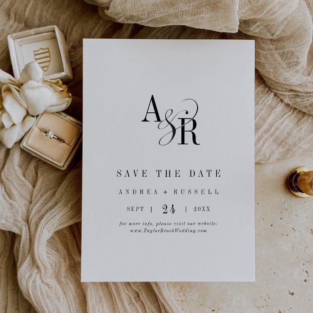 Reserva La Fecha ANDREA Monograma simple Boda negro blanco moderno (ANDREA Monogram Simple Modern White Black Wedding Save The Date)