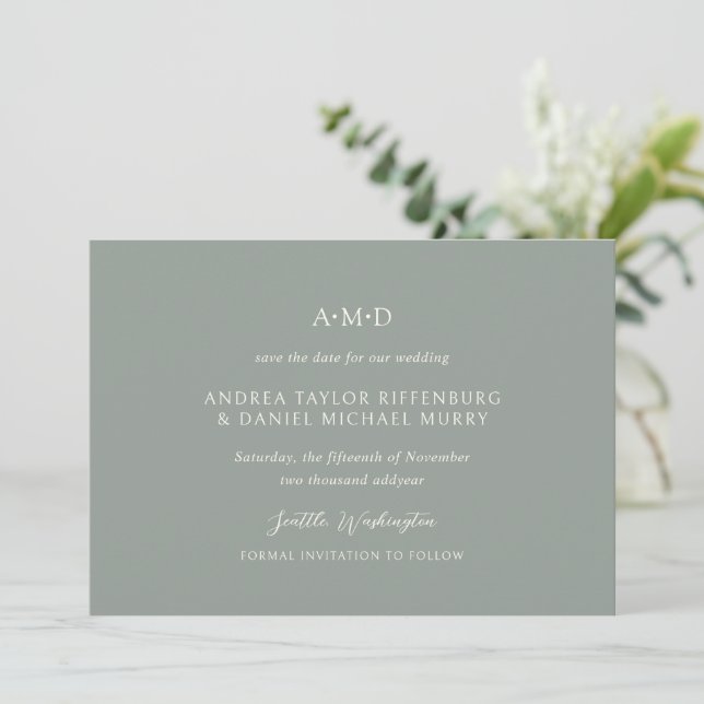 Reserva La Fecha Andrea Sage Green Elegant Wedding (Anverso de pie)