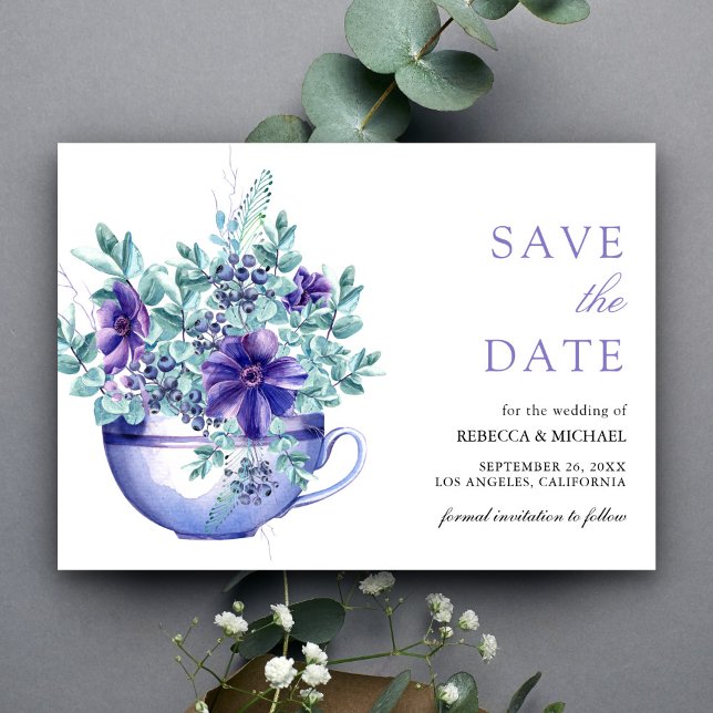 Reserva La Fecha Anémonas de Acuarela Morada Taza de Té Boda (Subido por el creador)