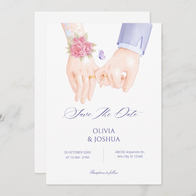 Reserva La Fecha Anillo de boda sosteniendo manos suave elegante bo (Anverso / Reverso)