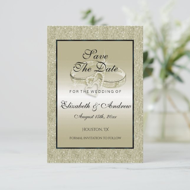 Reserva La Fecha Anillos Bodas románticos, Boda Purpurina de oro (Anverso de pie)
