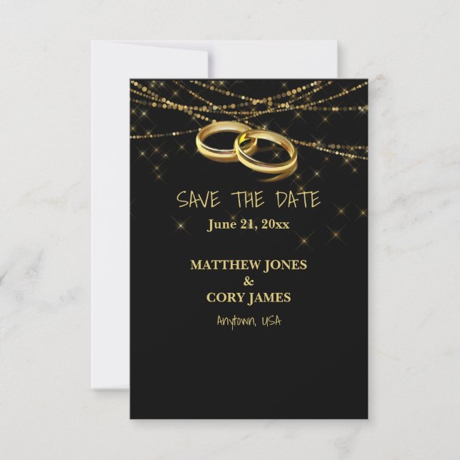 Reserva La Fecha Anillos de boda de luces brillantes y oro gay (Anverso)