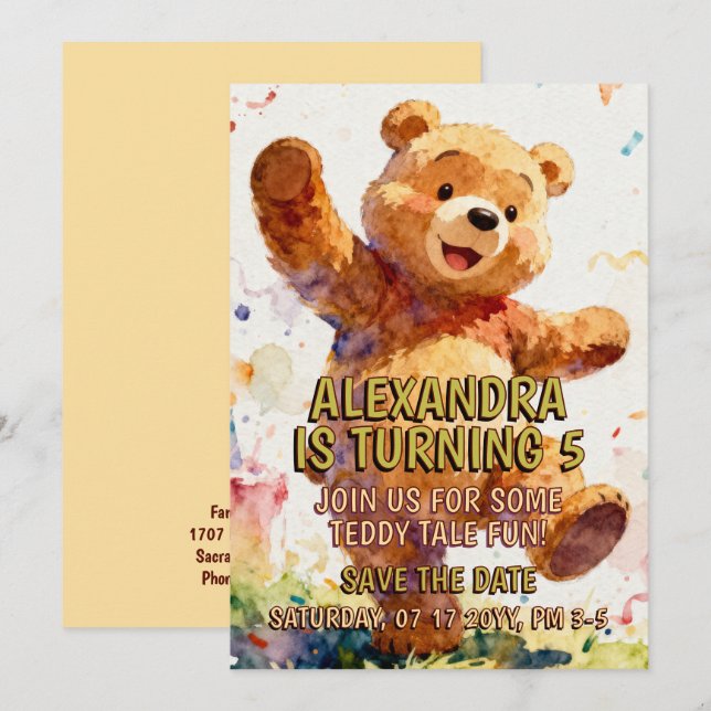 Reserva La Fecha Animales para Cumpleaños de Niños - Osito de Peluc (Anverso / Reverso)