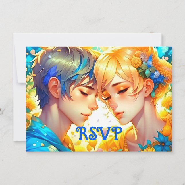Reserva La Fecha Anime Boy y Chica floral tema Boda RSVP (Anverso)