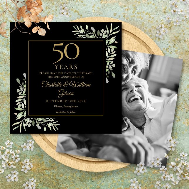 Reserva La Fecha Aniversario de Bodas 50 Follaje Foto Negro Oro (50th Wedding Anniversary Foliage Black Gold Photo Save The Date)