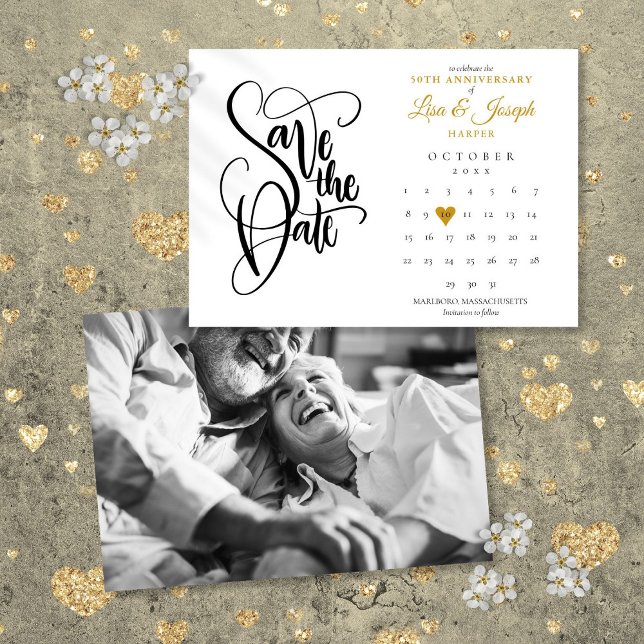 Reserva La Fecha Aniversario de Bodas de Oro Calendario de Foto con (50th Wedding Anniversary Gold Heart Calendar Photo Save The Date)
