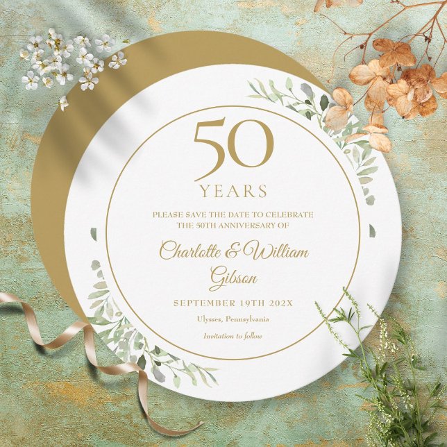 Reserva La Fecha Aniversario de bodas de oro circular de greenery (Subido por el creador)