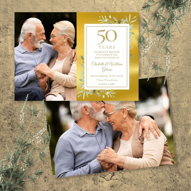 Reserva La Fecha Aniversario de bodas de oro con vegetación 2 Fotos (50th Golden Wedding Anniversary Greenery 2 Photos Save The Date)