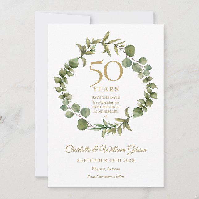 Reserva La Fecha Aniversario de bodas de oro con vegetación boscosa (Anverso)
