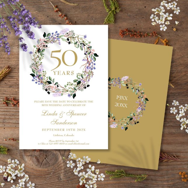 Reserva La Fecha Aniversario de bodas de oro floral (50th Golden Wedding Anniversary Floral Save The Date)