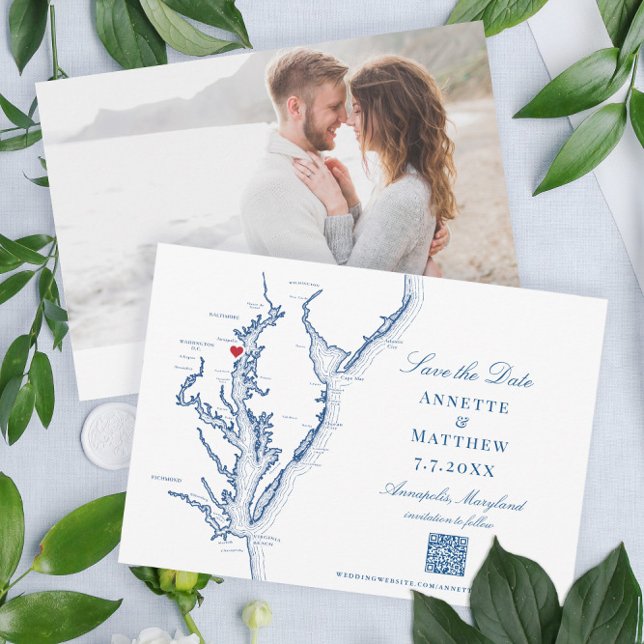 Reserva La Fecha Annapolis Maryland Boda Elegante Navy código QR (These Annapolis Maryland map Save the Dates are perfect for your Chesapeake Bay destination wedding)