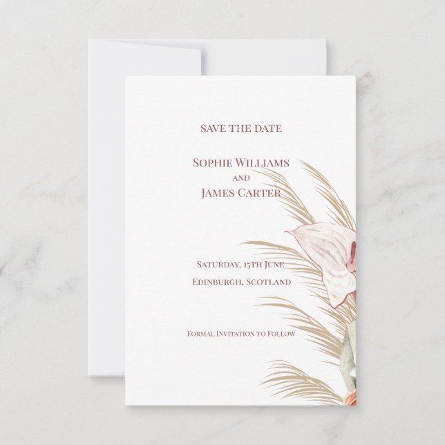 Reserva La Fecha Anthurium de hierba de Pampas Boda Tropical Boho (Anverso)
