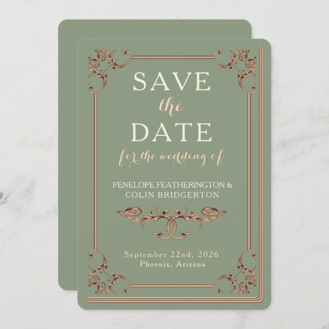 Reserva La Fecha Antiguo borde decorativo verde salvia Biblioteca L (Anverso / Reverso)