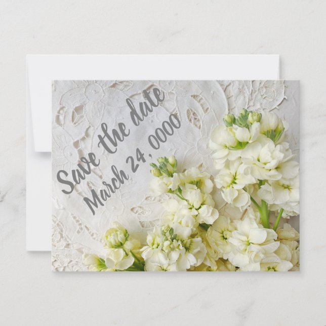 Reserva La Fecha Antiguo encaje con flores blancas (Anverso)