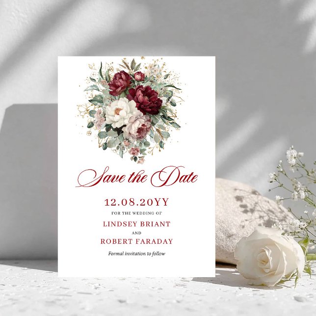 Reserva La Fecha Anuncia Tendencia Borgoña Verde Salva La Fecha (Trendy Blush Burgundy Greenery Save The Date)