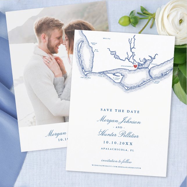 Reserva La Fecha Apalachicola Florida Elegante Boda de la Marina (Apalachicola Wedding Save the Date with Elegant navy blue Florida map from Coastal Map Designs)