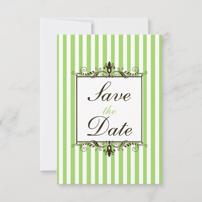 Reserva La Fecha Apple Green, White, Brown Striped Save the Date (Anverso)