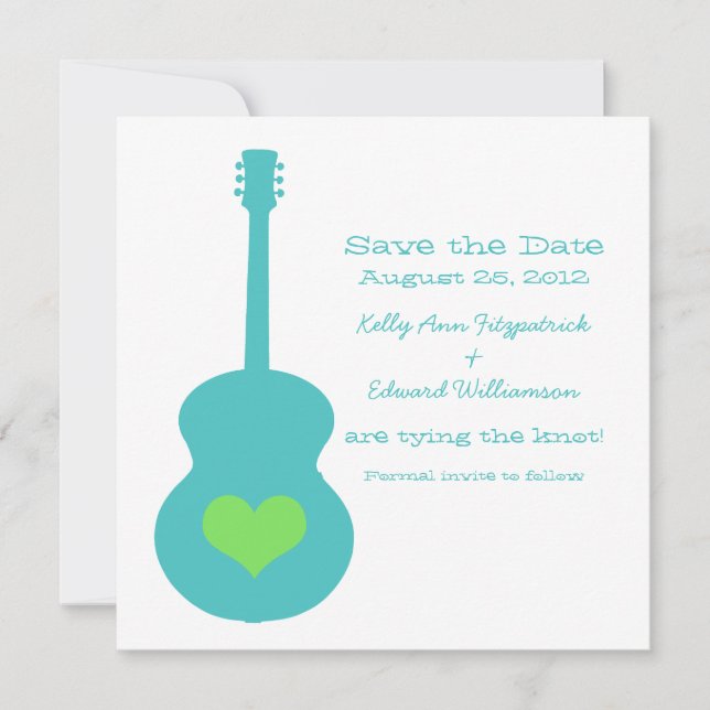 Reserva La Fecha Aqua/Green Guitar Heart Save the Date Invite (Anverso)