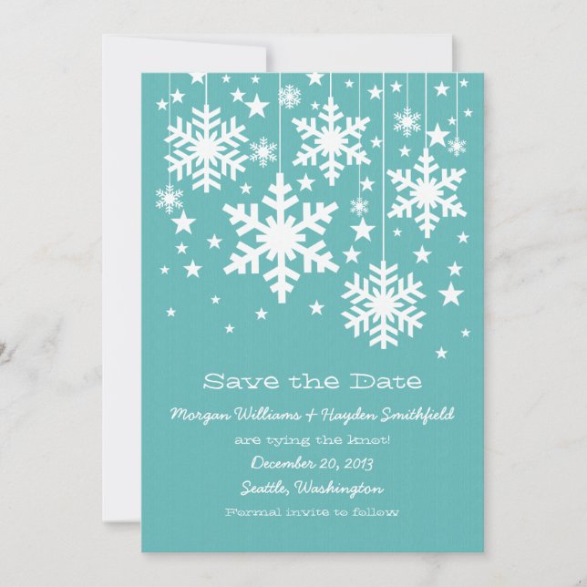 Reserva La Fecha Aqua Snowflakes and Stars Save the Date Invitan (Anverso)