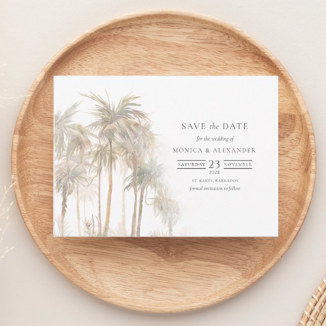 Reserva La Fecha Árboles tropicales costeros salvan la fecha (Watercolor Palm Tree Tropical Save the Date Wedding Announcement)