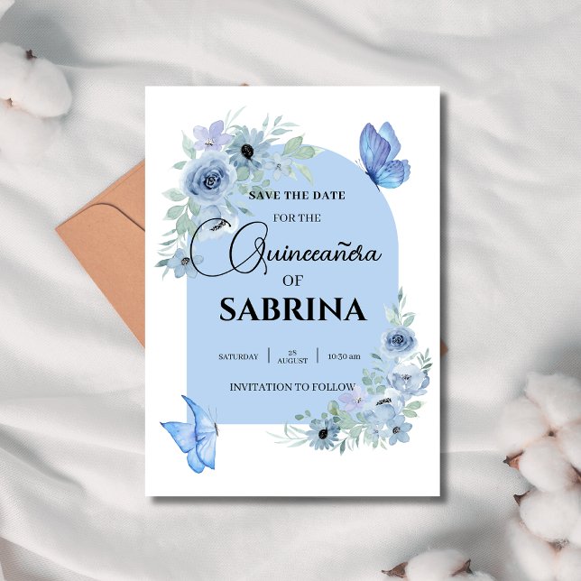 Reserva La Fecha Arca Quinceanera Floral Bebé mariposas azules (Subido por el creador)