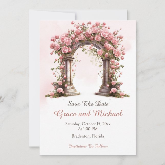 Reserva La Fecha Arco de Boda Boho Rosas Sonrojadas Boda (Anverso)