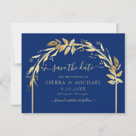 Reserva La Fecha Arco de Boda con Hojas Elegantes de Azul Real y Do